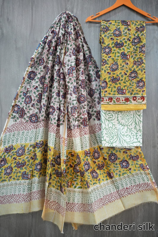 Yellow & Blue-Grey Floral Jaal Hand Block Print Chanderi Silk Dress Material (MVCHS19)