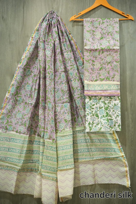 Lilac Purple & Teal Floral Jaal Hand Block Print Chanderi Silk Dress Material (MVCHS31)