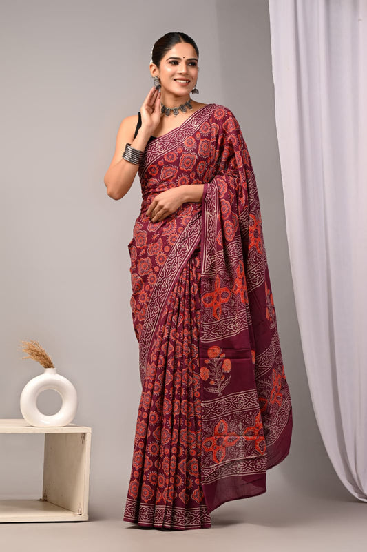 Maroon Ajrakh Hand Block Printed Cotton Saree with Blouse (MVCS74)