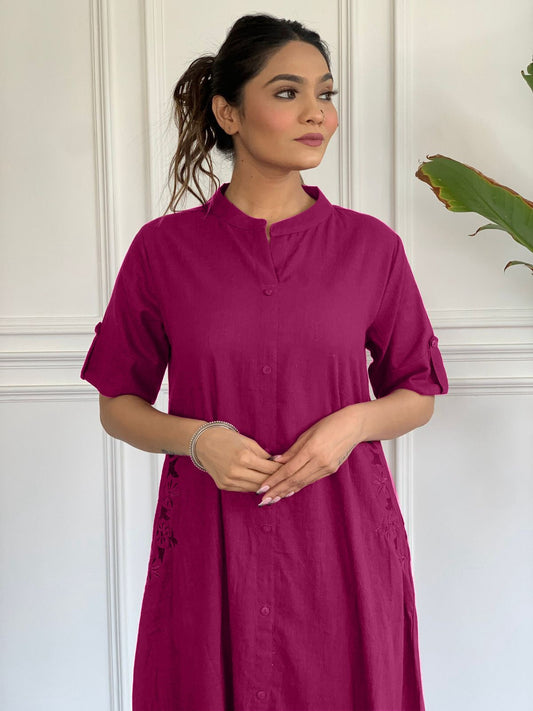 Rani Pink South Cotton Kurta Set | Stylish A-Line Cotton Kurta with Plazo for Women