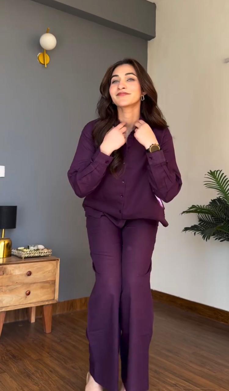 Deep Purple Pure Cotton Coord Set | Shirt & Wide Leg Pant |
