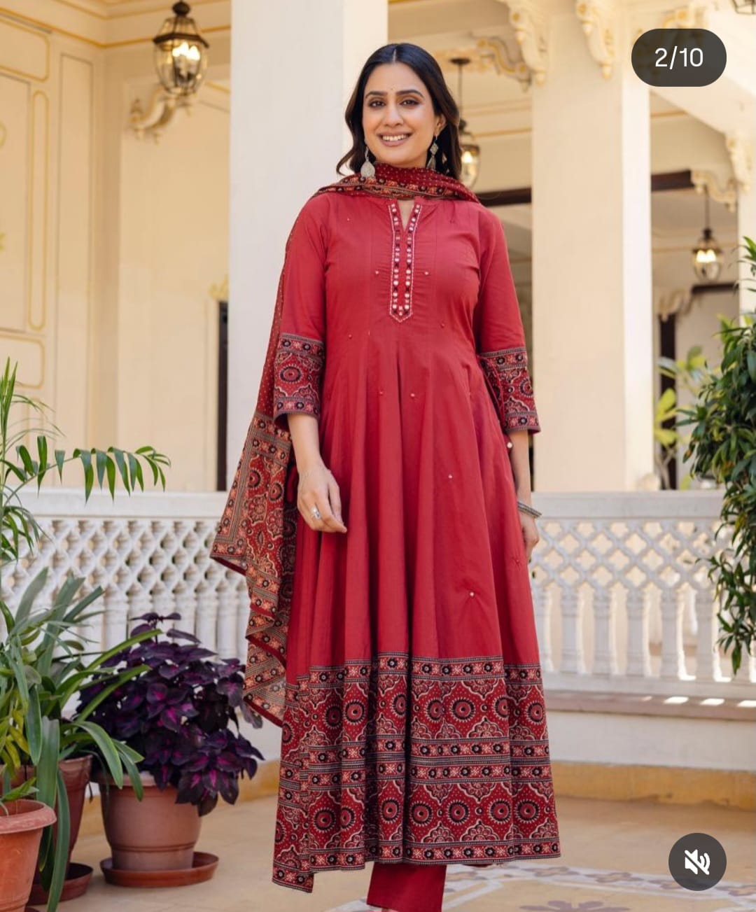 Red Premium Cotton Anarkali Dress | Mirror & Katha Thread Work | Hand Block Print Border
