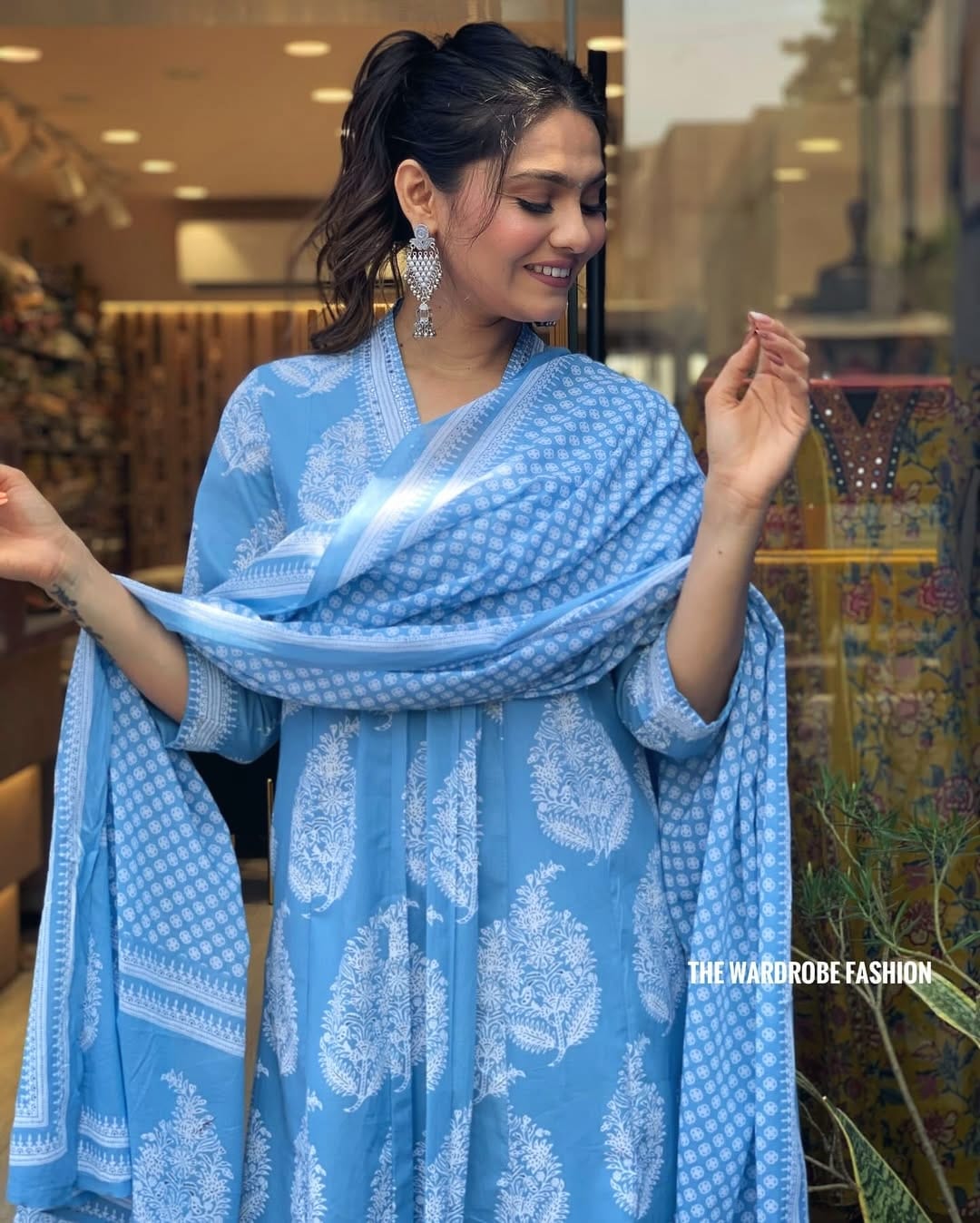 Blue Cotton Printed Kurti Palazzo Set with Malmal Dupatta for Women