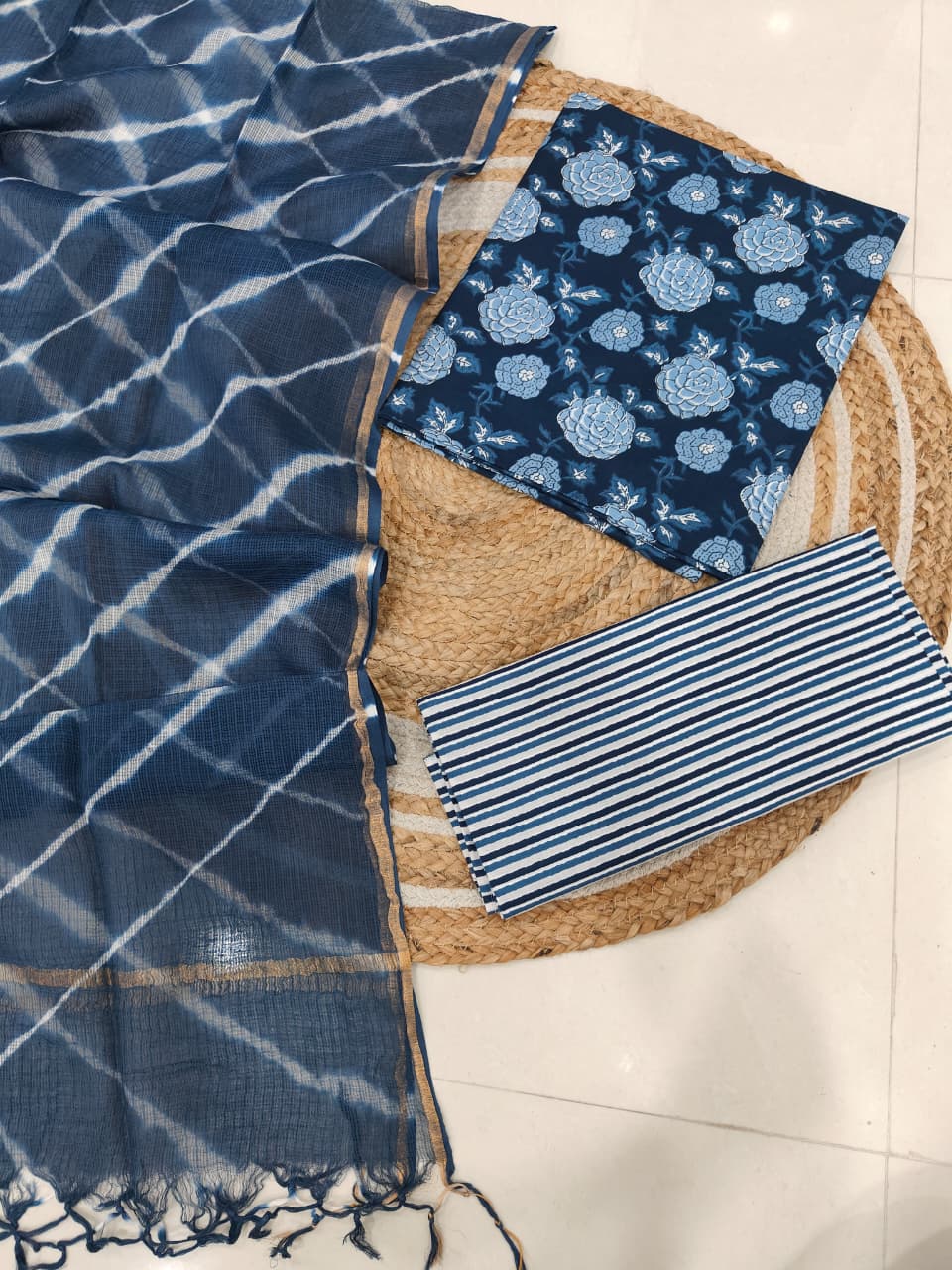 Indigo Blue Floral & Stripe Hand Block Printed Cotton Suit with Shibori Kota Doria Dupatta | Dabu Indigo Print (MVCOTKD06)