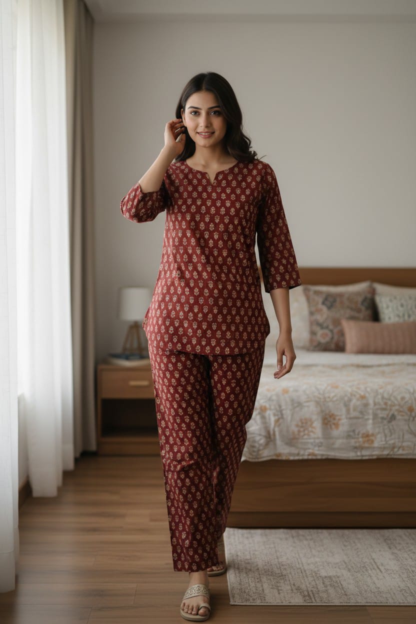 Maroon Printed Cotton Night Suit for Women | Elegant Sleepwear (MVNS52)