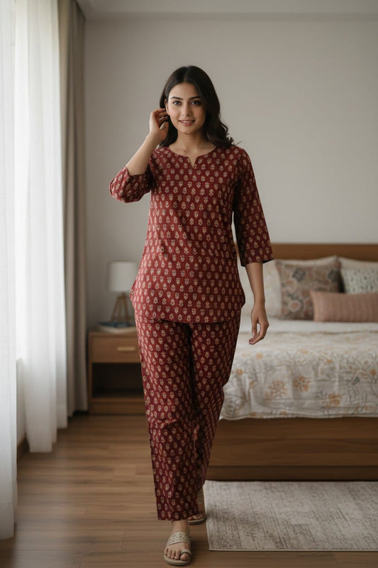 Maroon Printed Cotton Night Suit for Women | Elegant Sleepwear (MVNS52)