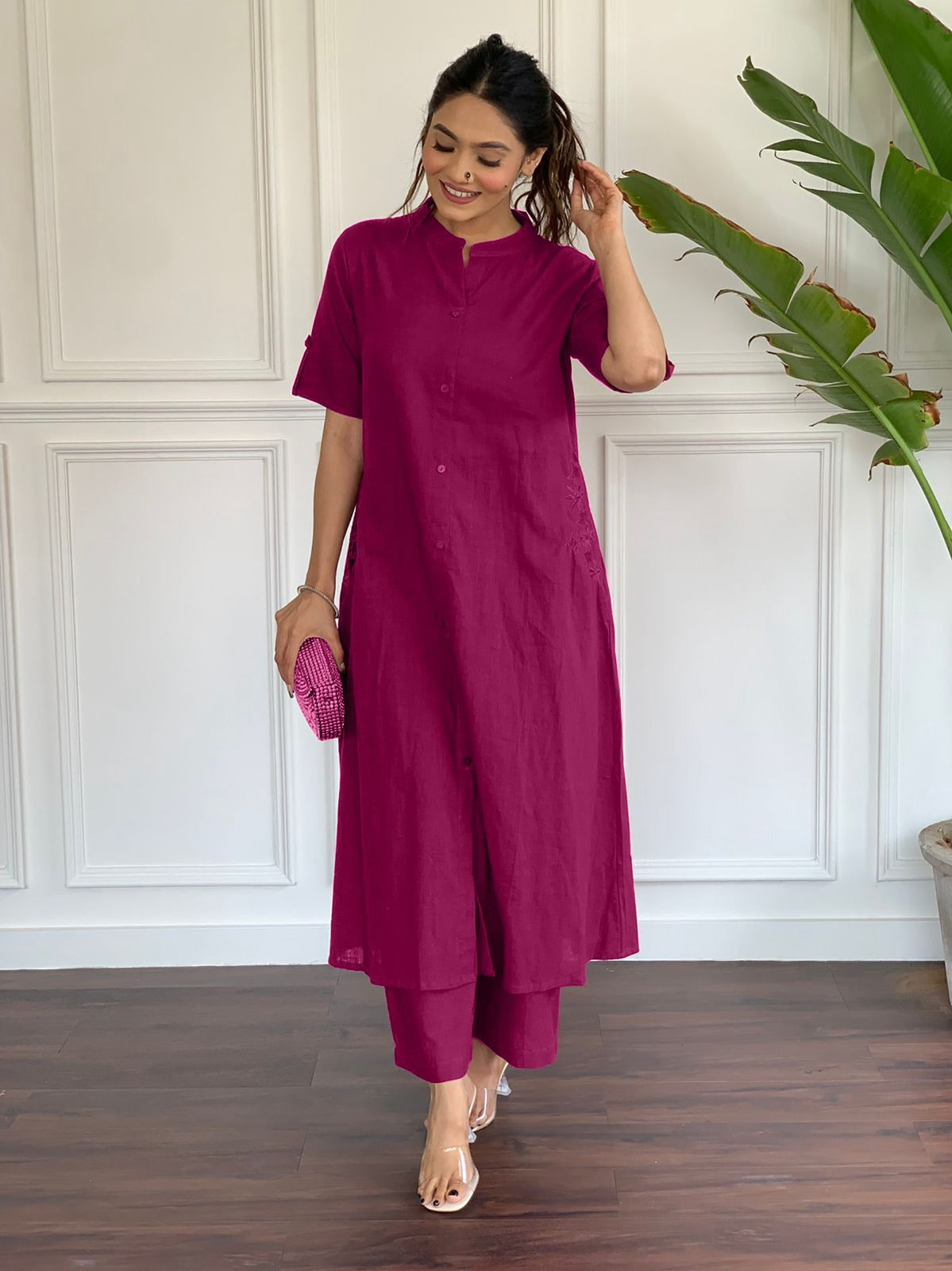 Rani Pink South Cotton Kurta Set | Stylish A-Line Cotton Kurta with Plazo for Women