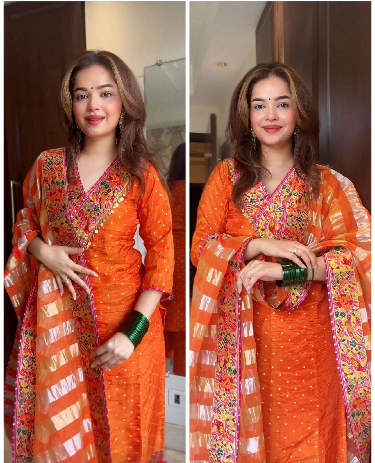 Orange Chanderi Jacquard Embroidered Kurta Set with Dupatta