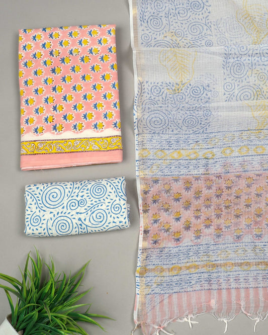 Peach Pink & Blue Hand Block Printed Cotton Suit with Kota Doria Dupatta | Sanganeri Floral Buta Print (MVCOTKD15)
