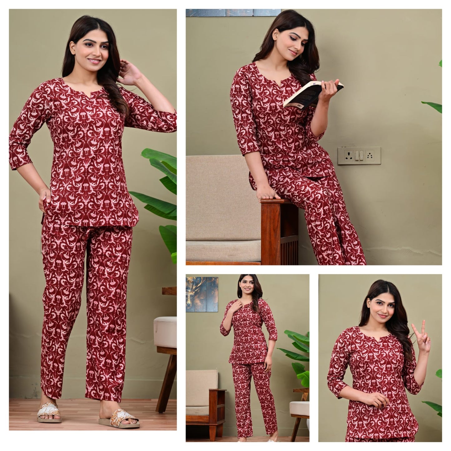 Maroon Printed Cotton Night Suit for Women | Elegant Nightwear (MVNS47)