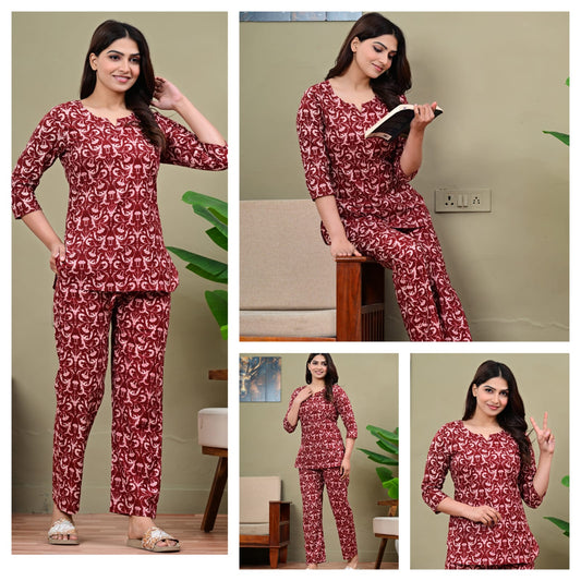 Maroon Printed Cotton Night Suit for Women | Elegant Nightwear (MVNS47)