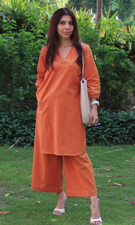Rust Orange Cotton Slub Kurta Pant Set | Elegant Office Wear Set)