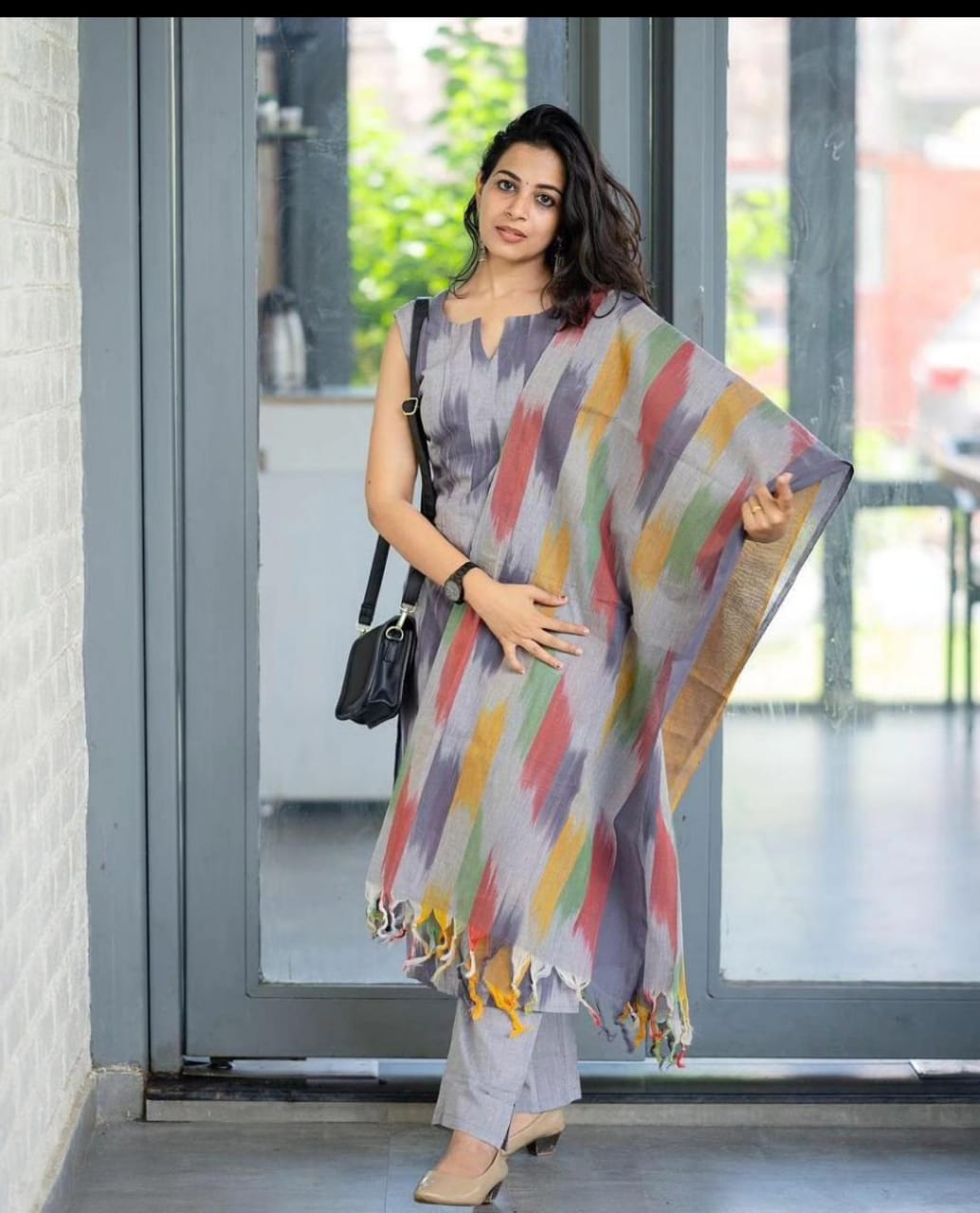 Grey Ikat Print Handloom Cotton Kurti Set