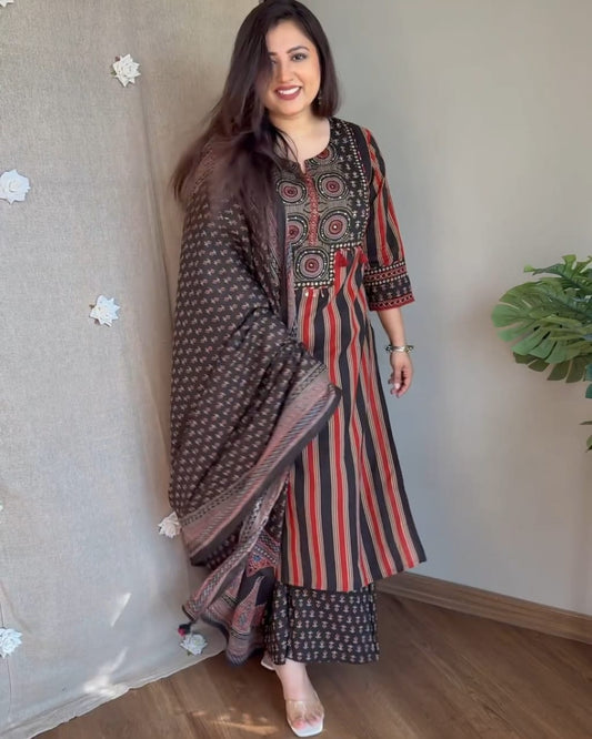 Black Cotton Printed Kurti Pant Dupatta Set for Women