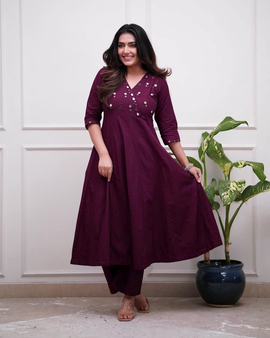 Wine Cotton Kurti Pant Set with Mirror Work | Stylish Office Wear Kurta for Women